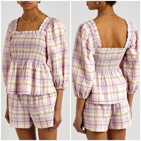 💕GANNI💕 Smocked Seersucker Plaid Top ~ Orchid Bloom Checked Print 44 EU NWT - Picture 7 of 16